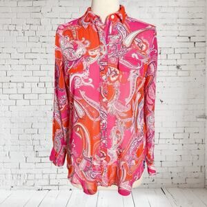 Chico’s Shirt Coral Paisley Button Up Blouse Sz 8 Opaque Bohemian Preppy Pockets